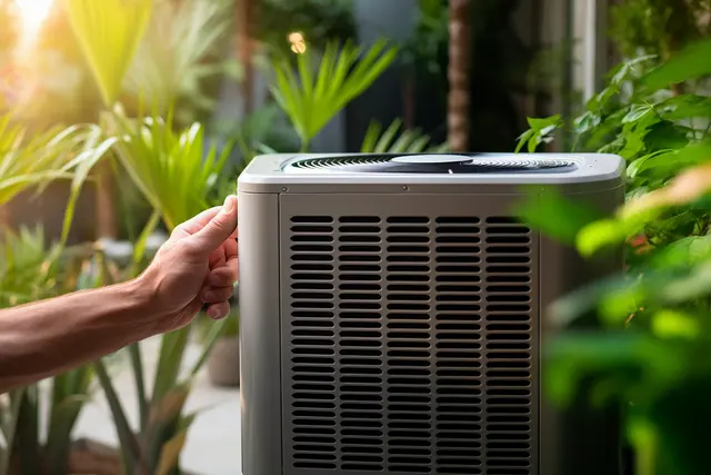 Hand touching a heat pump unit